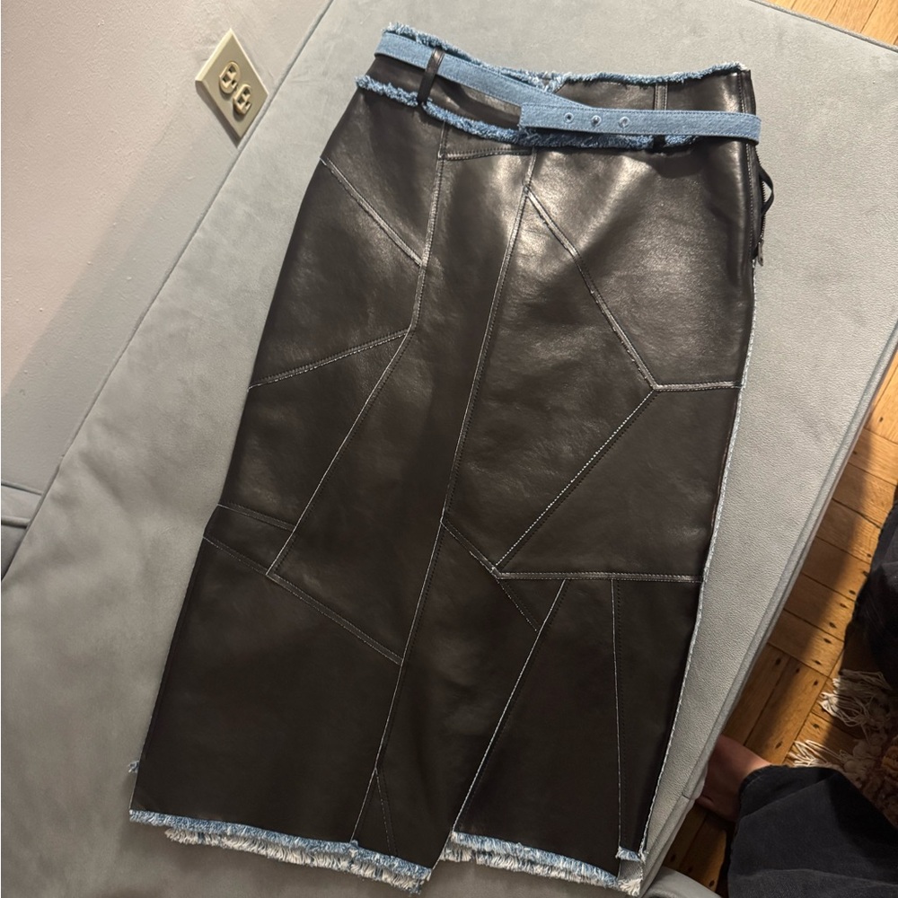 Tom Ford Black Leather Skirt Denim Trim